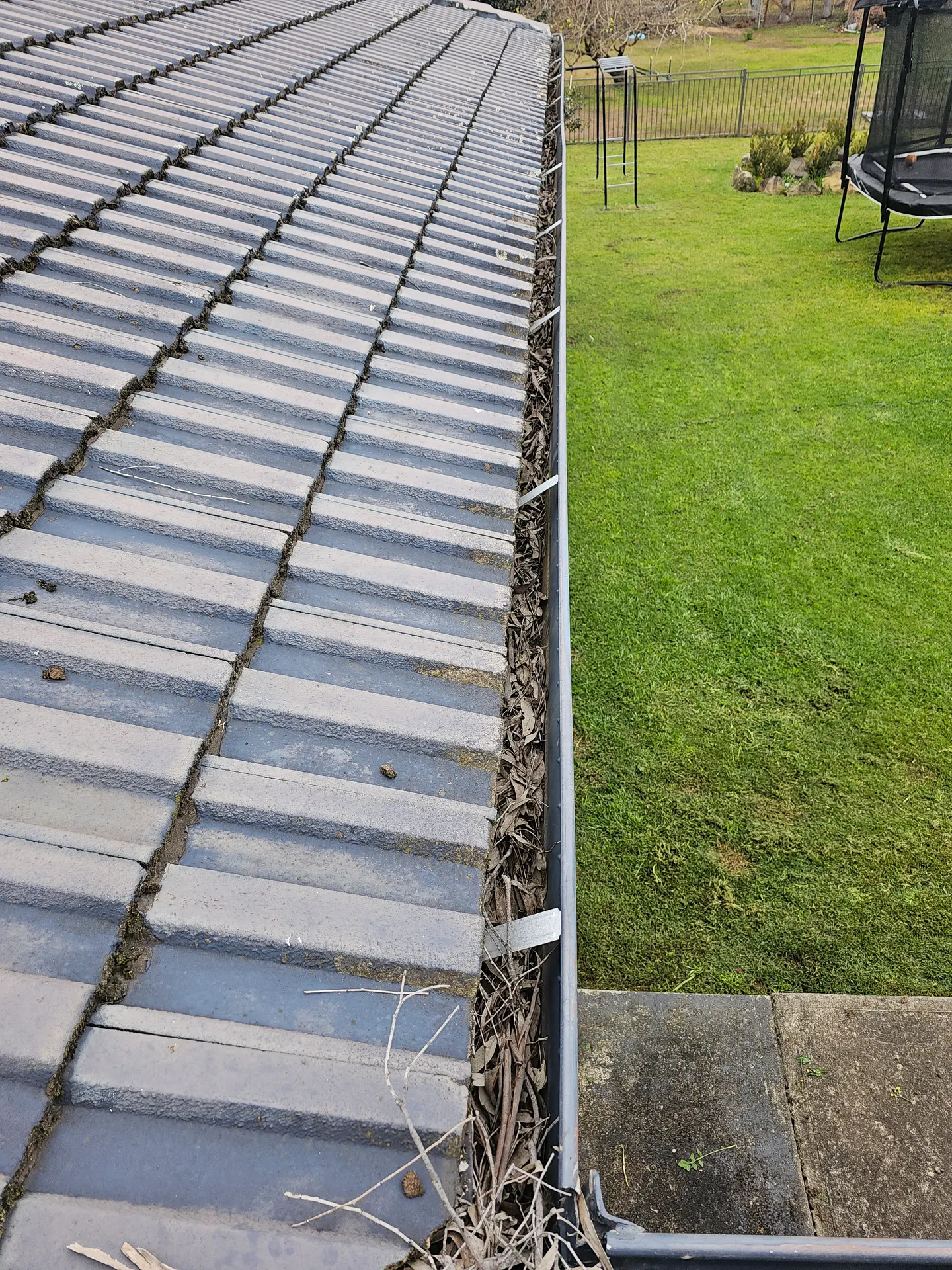Eaves gutter choked with leaves and twigs before PVS Plumbing cleared it
